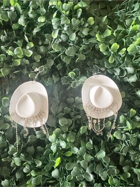 White Cowboy Hat Dangle Earrings with Crystal Chains - Women Jewelry